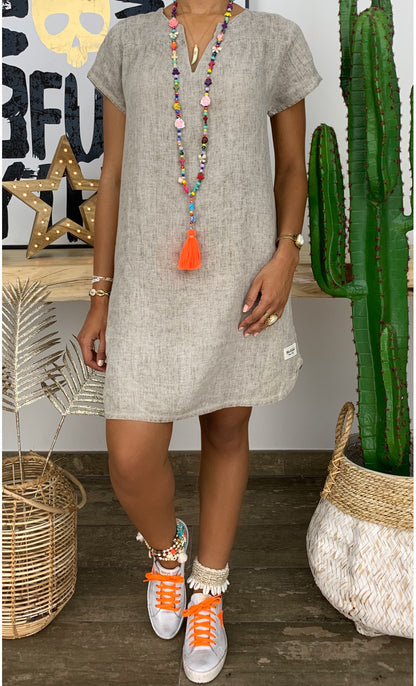 💥Ofertă pentru o perioadă limitată 💥【S-5XL】💐Rochie midi confortabilă din bumbac și in, cu decolteu în V