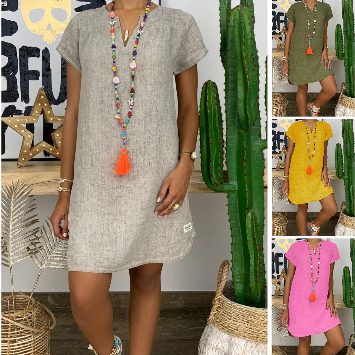 💥Ofertă pentru o perioadă limitată 💥【S-5XL】💐Rochie midi confortabilă din bumbac și in, cu decolteu în V